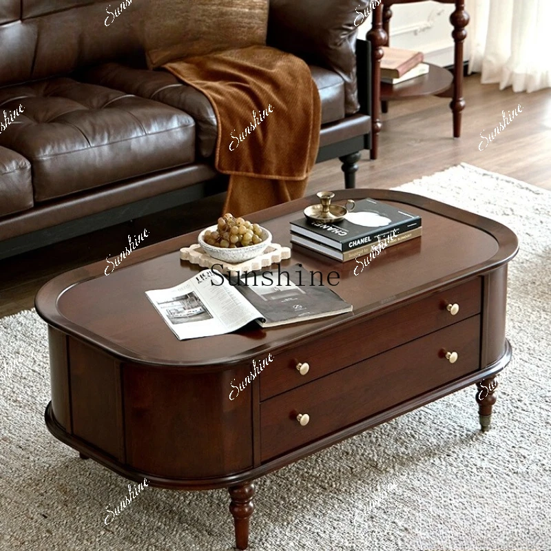 American retro solid wood coffee table living room home combination mobile tea table FT