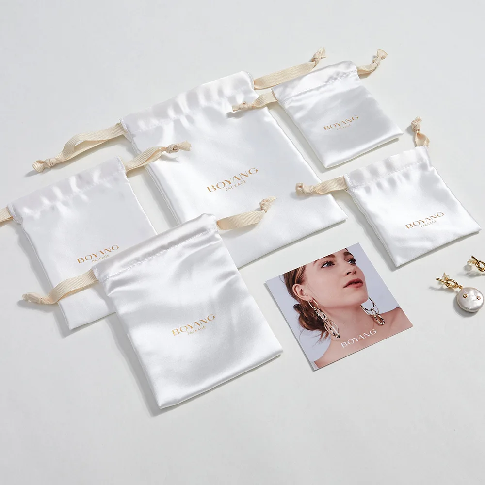 Custom Printed Logo White Luxury Bundle Wig Hair Extension Satin Drawstring Bag Silk Clothes Shoes Gift Dust Packing Pouch