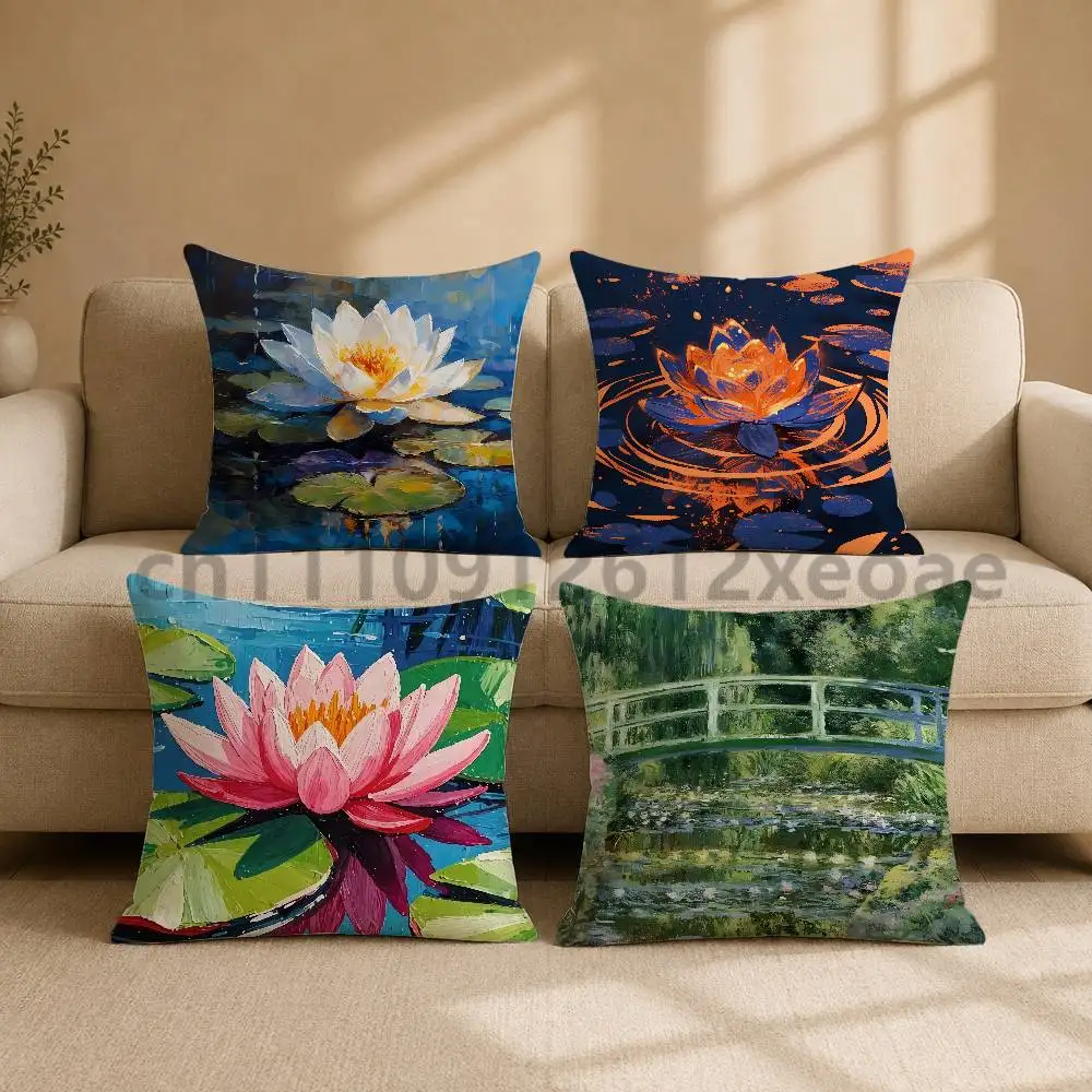 Monet water lilies Double-Sided Printed Pillowcase Cushion Cover for Sofa Bed Couch Living Room Home Decor