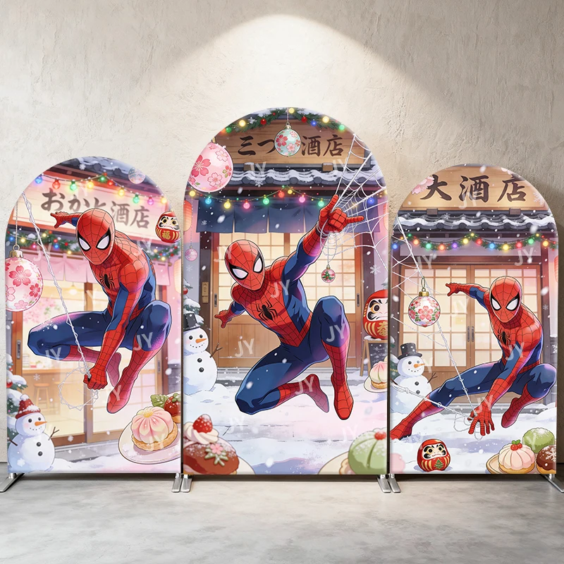 Spiderman Japanse stijl kerstboog achtergrond cover feestelijke hotelscène met snoepjes voor kinderen verjaardag baby shower Photo Booth