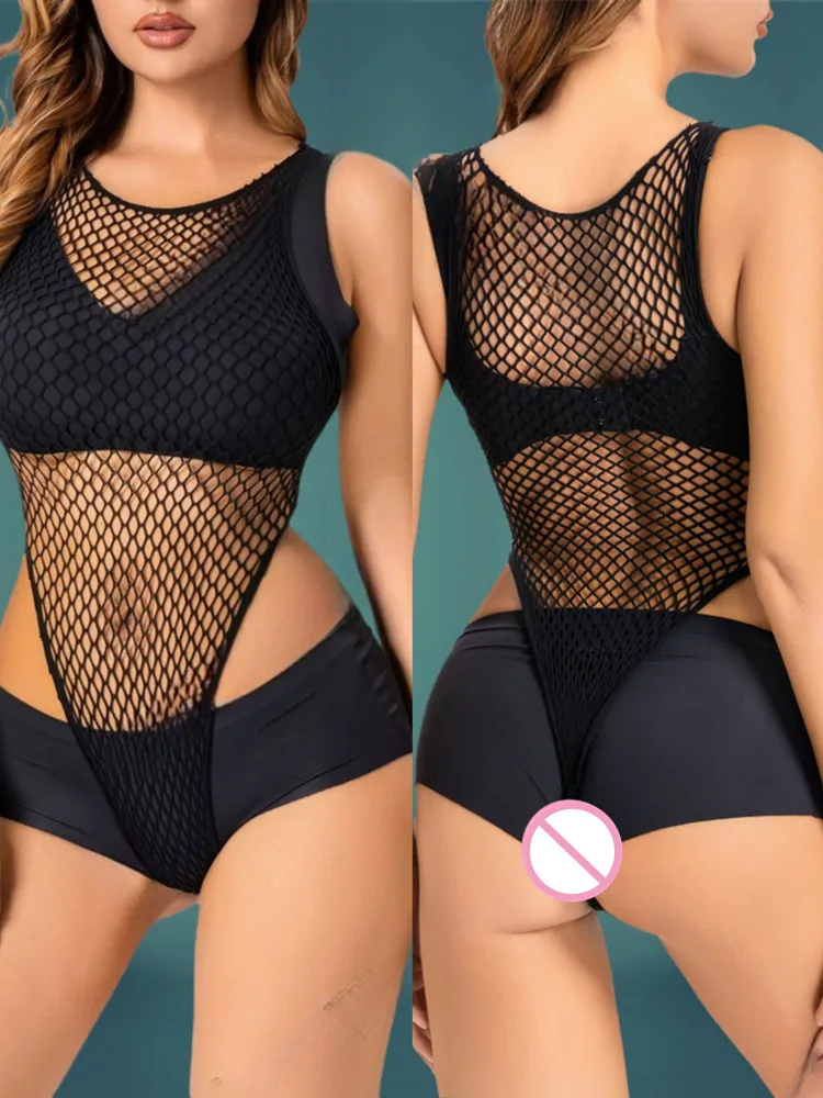 Hot Fishnet Bodysuit Porn Pajamas Sex Set Female Mesh Body Suit Erotic Transparent Tight Lingerie Clothes Party Club Suit