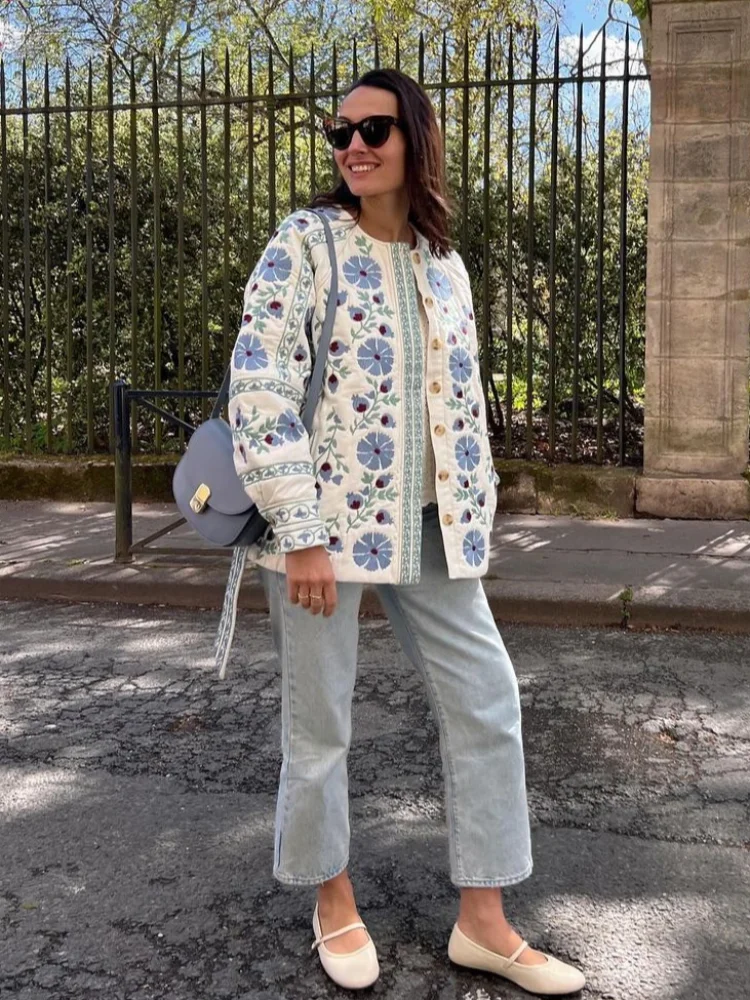 Chaqueta de algodón con estampado Floral para mujer, abrigo elegante con cinturón, cuello redondo, manga larga, botonadura única, ropa de calle