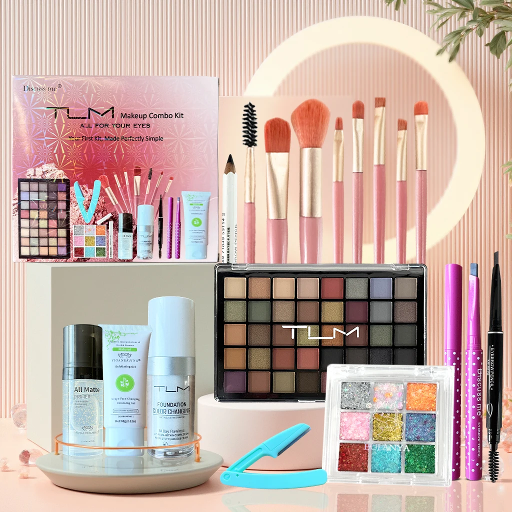 1박스 TLM 초보자 연습용 아이 메이크업 세트 여성용 풀 키트 세트, 올인원 메이크업 세트 (리퀴드 파운데이션, 아이브로우, 아이섀도우 포함)