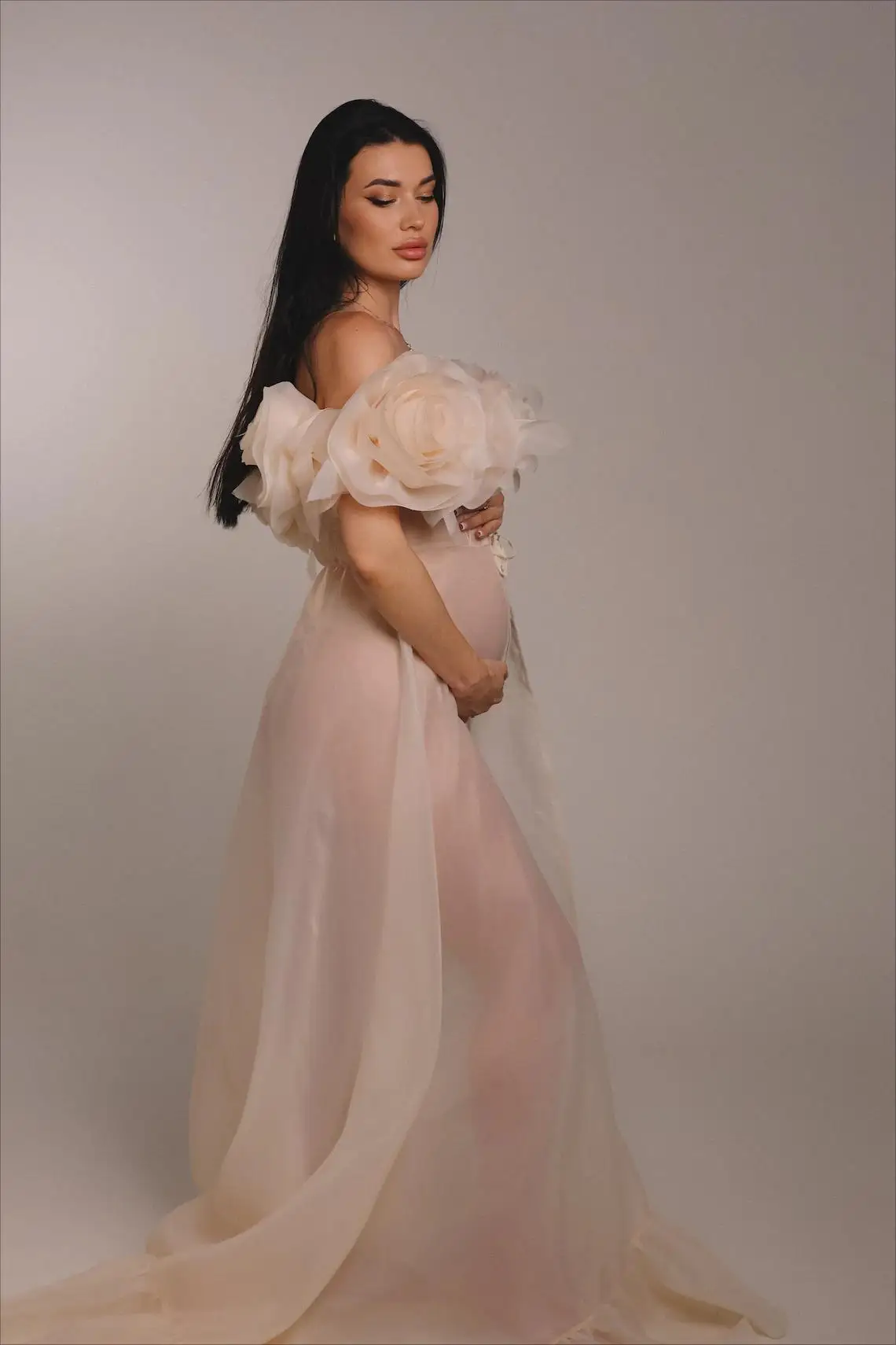 Powder Maternity Gown Maternity Dress for Photo Shoot Organza Maternity Dress with Romantic roses Tulle Pregnancy Dress