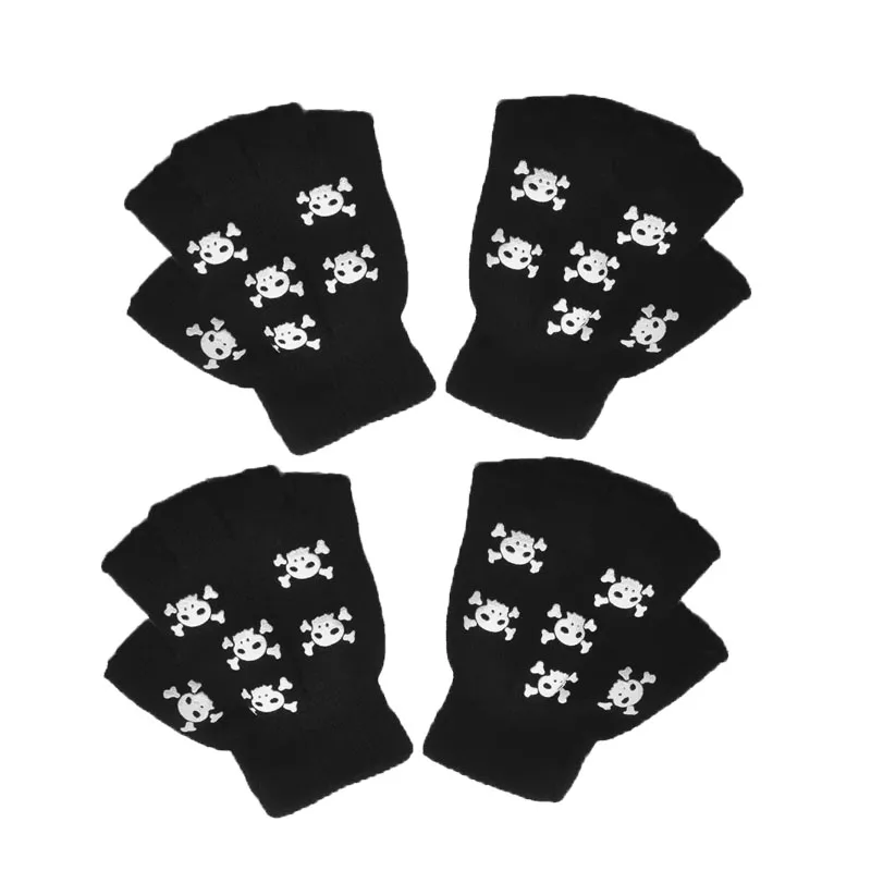 1/2/3/4 paar New Kids Halloween Skeletschedel Half Vinger Lichtgevende Punk Handschoenen Winter schedel Vingerloze Zwarte Wanten