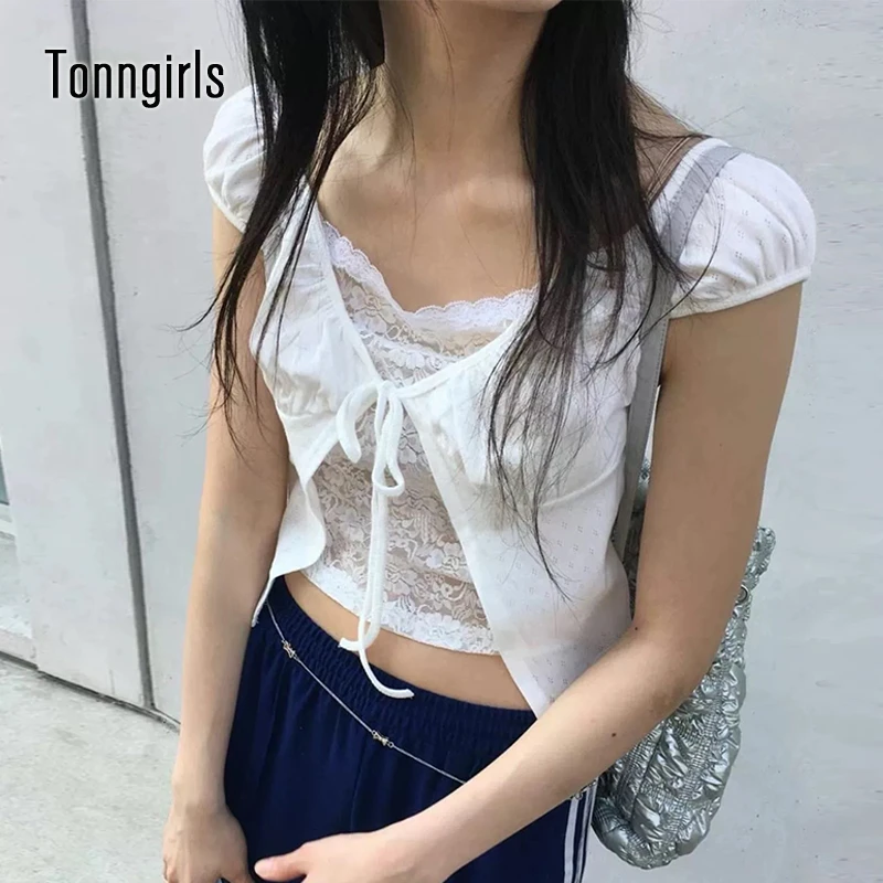Tonngirls Koren Style T-shirt Women Patchwork Lace Crop Tops Lace Up Fairycore Y2k Fake Two Pieces Tops Streetwear Tee Top 2000s