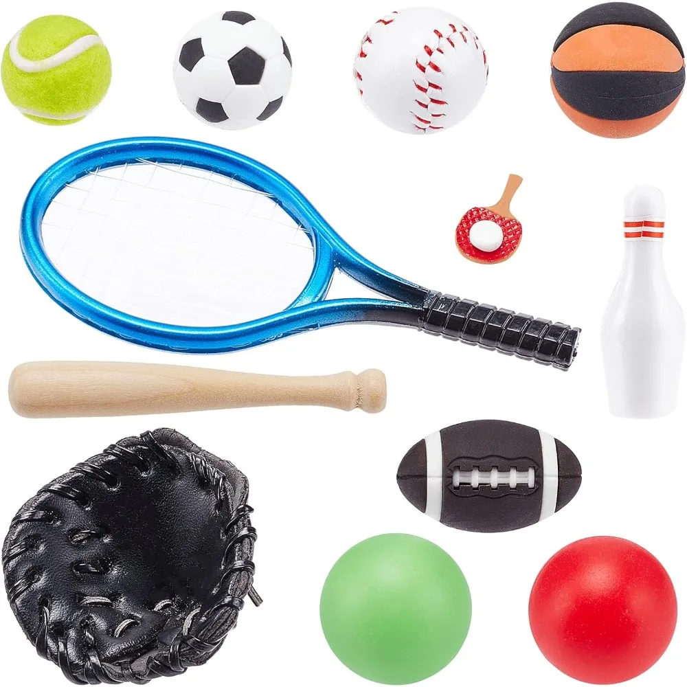 24 Pcs Miniature Sports Set Mini Baseball Tennis Football Basketball Rugby Bowling Table Tennis Ball Clubs Ball Bats Mini House