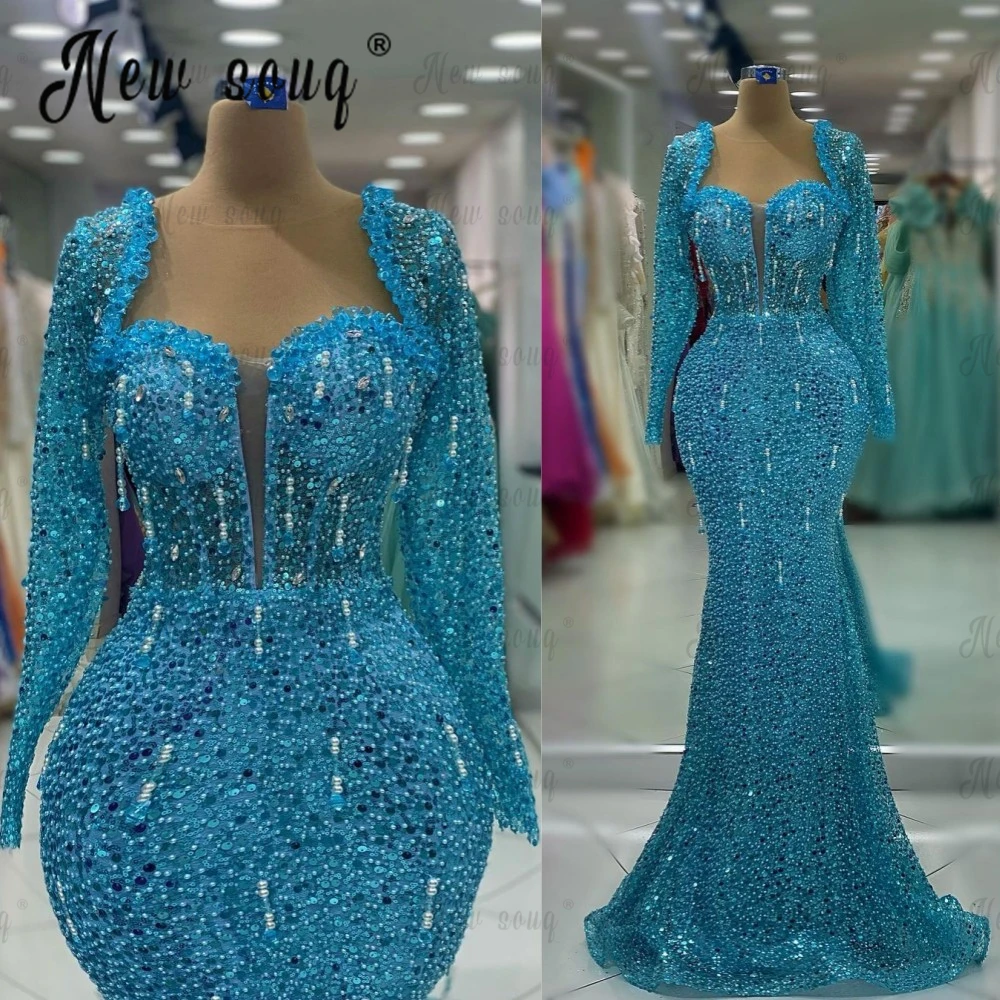 Beading Blue Party Dress Muslim Plus Size Wedding Night Gowns Long Sleeve Mermaid Sequins Formal Prom Dresses Vestidos De Noche