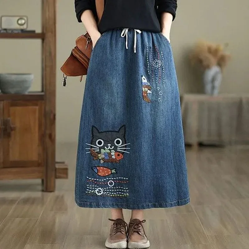 Retro Cartoon Animal Embroidery Denim Skirt Thin Spring Summer High Waist Elastic Waisand Vintage Patchwork Slimming Skirts