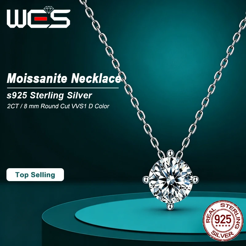 WES 2CT D Color VVS1 Moissanite Pendant Necklace 925 Sterling Silver 4 Prong Round Cut Solitaire Necklace For Women Fine Jewe