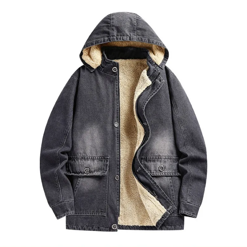 KIDWHXR Hooded Jacket Man Winter Retro Stand Collar Single-breasted Men Denim Coat Thicken Fleece Outdoor Casual Male Outerwear