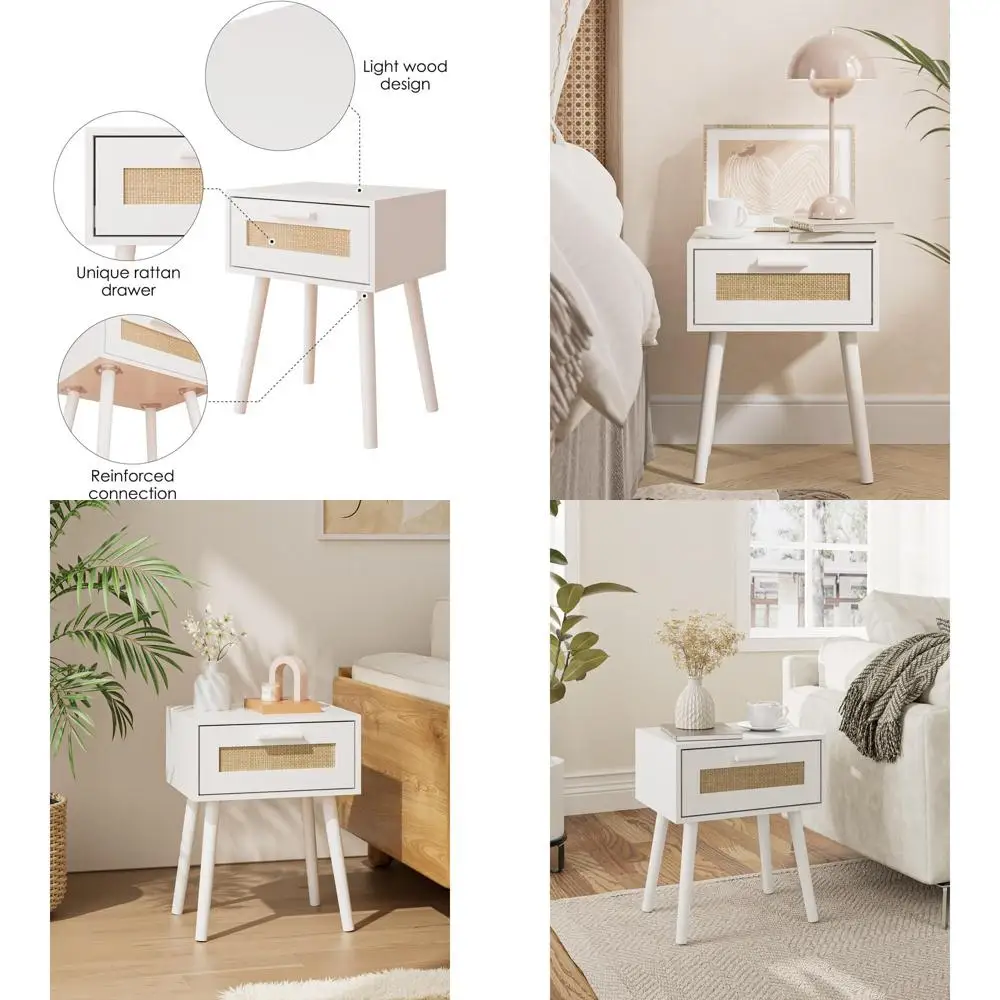 

Прикроватная тумба из плетеного ротанга и дерева - Boan-White, тумбочка для спальни с местом для хранения