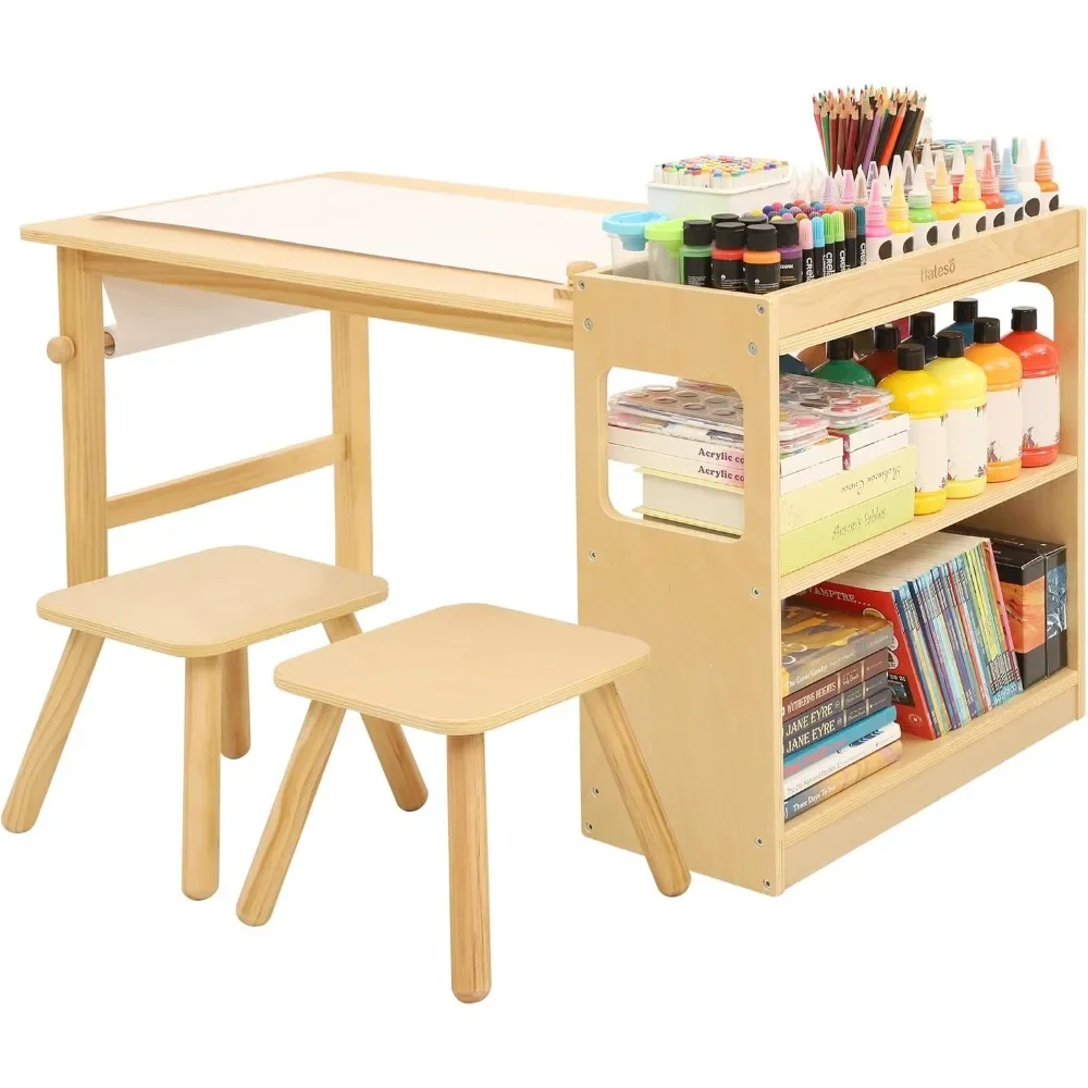 Kids Art Table & 2 Chairs Set with Roll Paper - Spacious Craft Table with Storage Shelves for Drawing, Activities, and Study