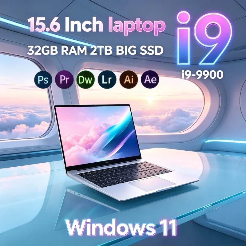 15.6" Windows 11 Ultra‑Thin Portable Gaming Business Laptop Intel I9‑9900 32GB RAM 2TB SSD Fingerprint Security Lock Notebook