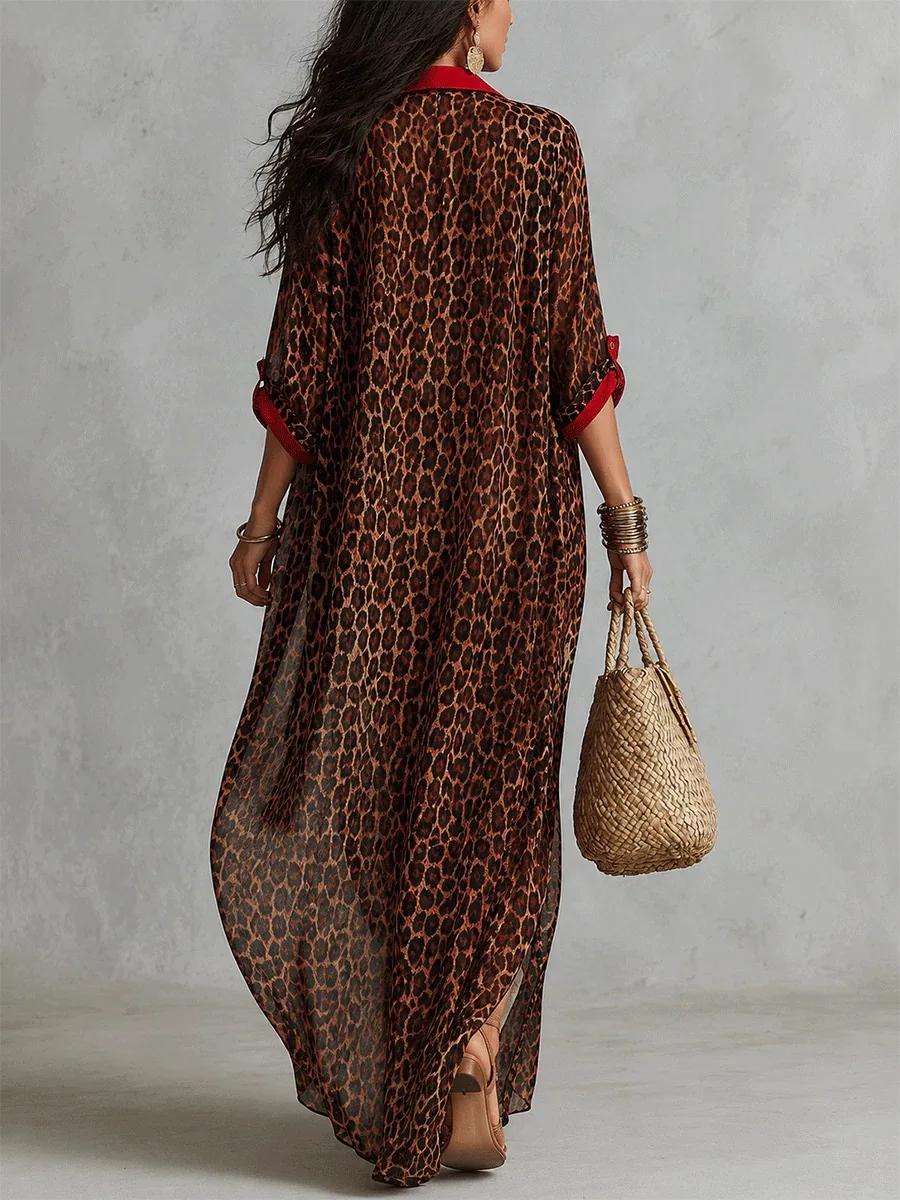 Damen Leoparden-Print Hemdkleid mit Roter Borte, Reverskragen, Knopfleiste, Seitenschlitz, Lockerer Strand-Überzug, Kaftan, Urlaubskleid, Lässiges Langes Kleid – Detail 3