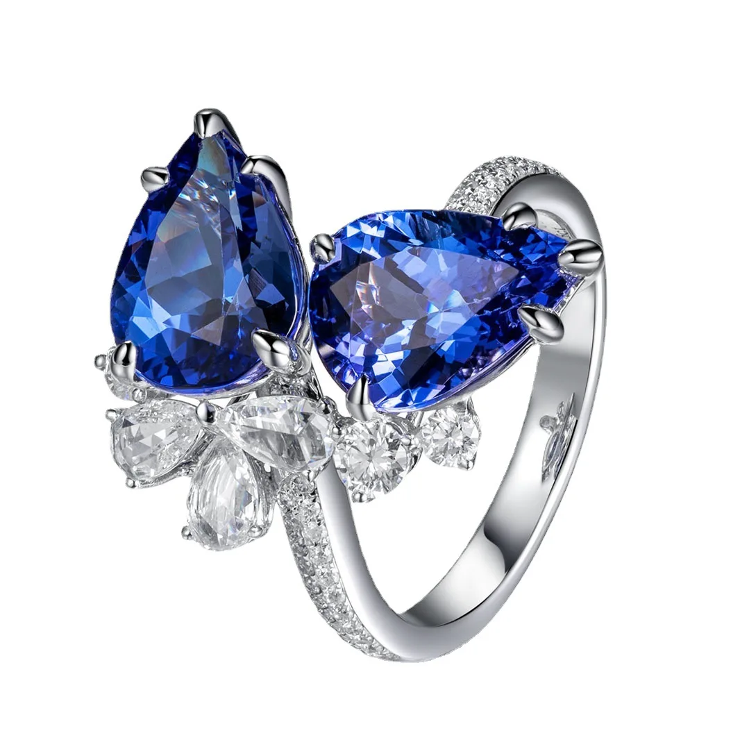 

New Double Diamond Tanzanite Blue Water Drop Pear Shaped Ring Simulated Sapphire Color Treasure Open Ring For Women