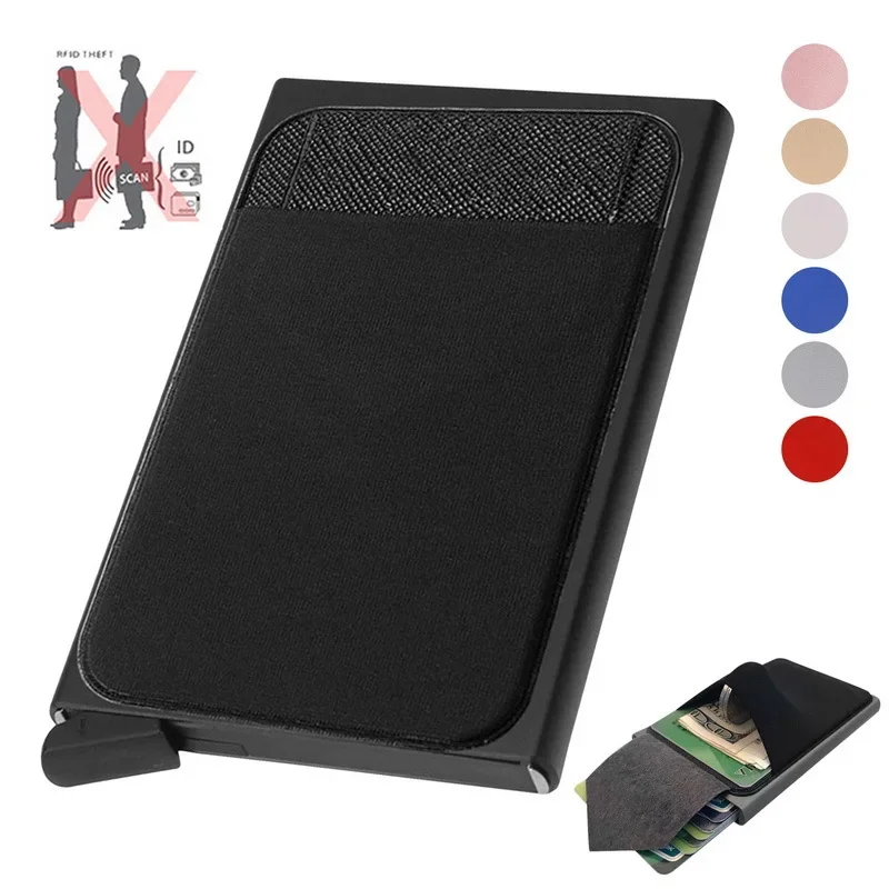 Slim Aluminum Wallet with Elasticity Back Pouch ID Credit Card Holder Mini RFID Wallet Automatic Pop Up Bank Card Case Purse