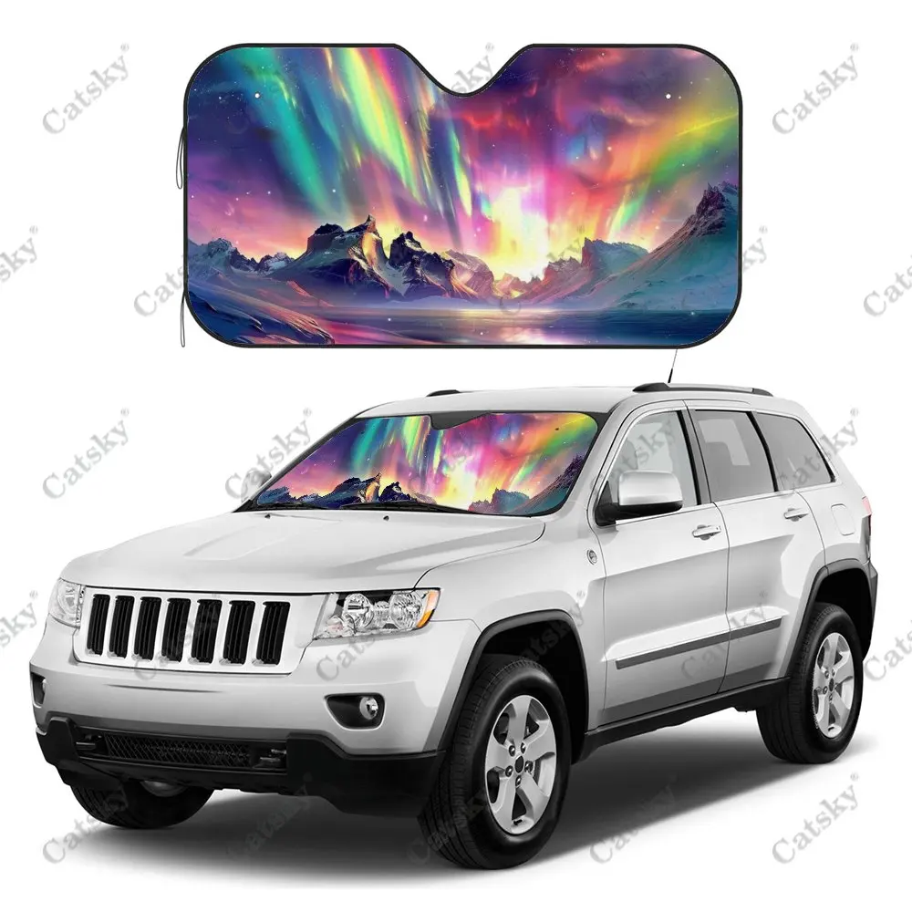 Colorful Aurora Snow Mountain Car Windshield Sunshade, Auto Accessories Front Windshield Sun Visor Blocks Uv Rays Protect Decor