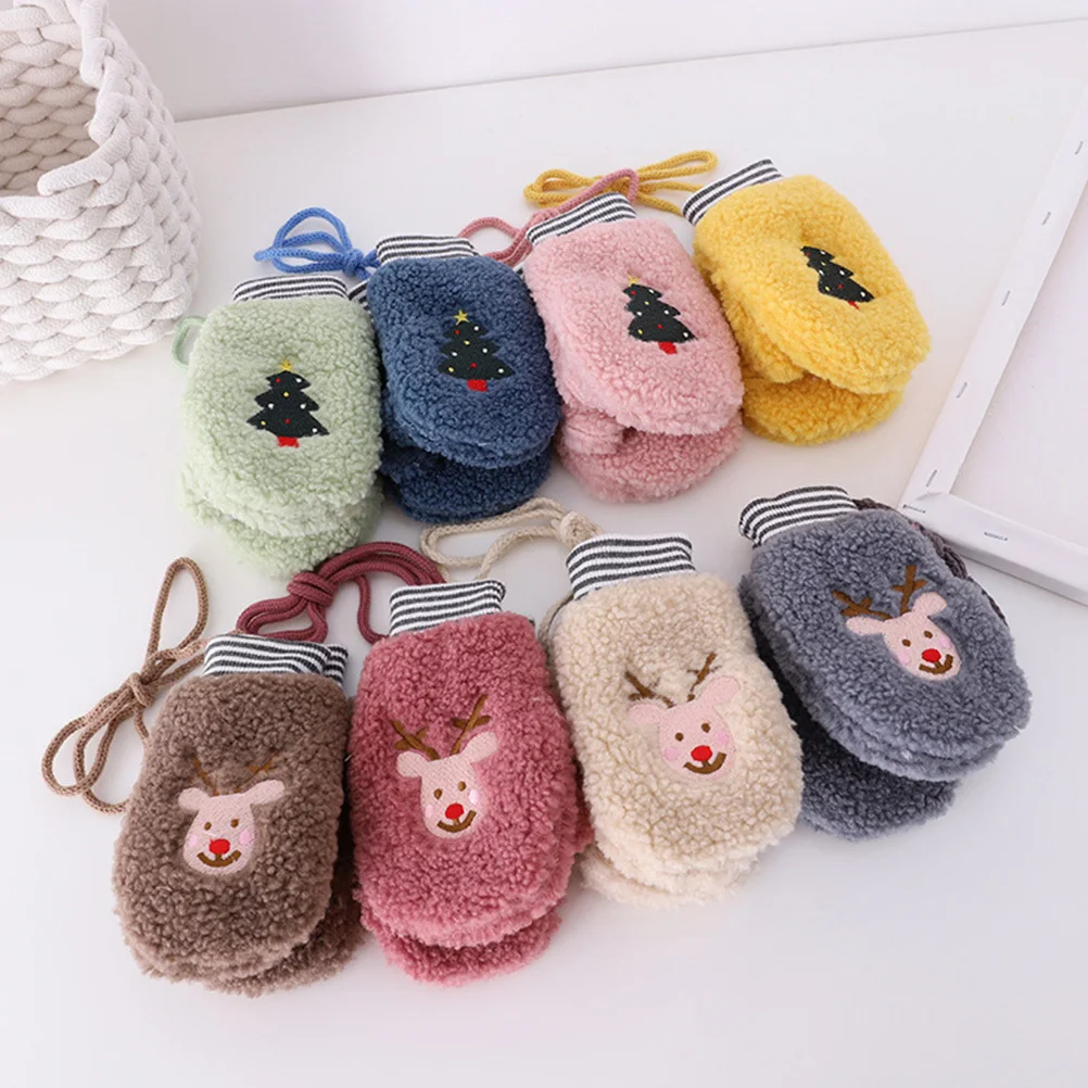

1Pair Baby Neck Hanging Gloves Warm Cartoon Full Finger Knitted Mittens Kids Winter Windproof Lovely Mittens for Toddlers