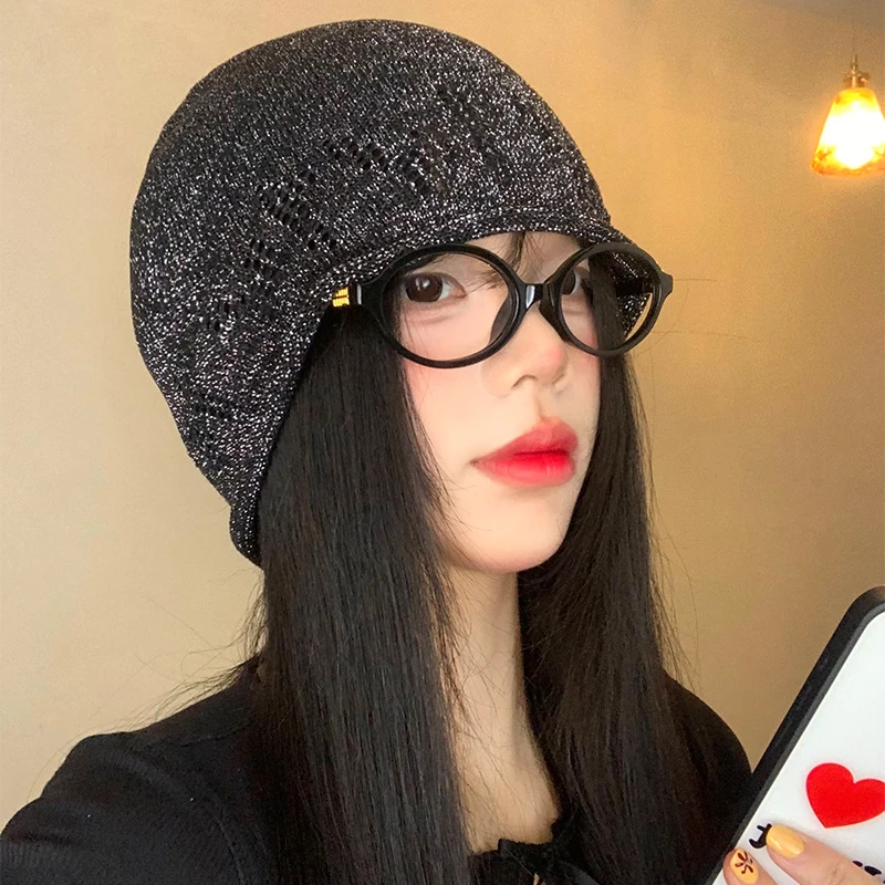 Korean Version Personalized Sequin Fine Flash Knitted Pullover Hat Women's Summer Thin Hollow Breathable Curled Skull Beanie Cap