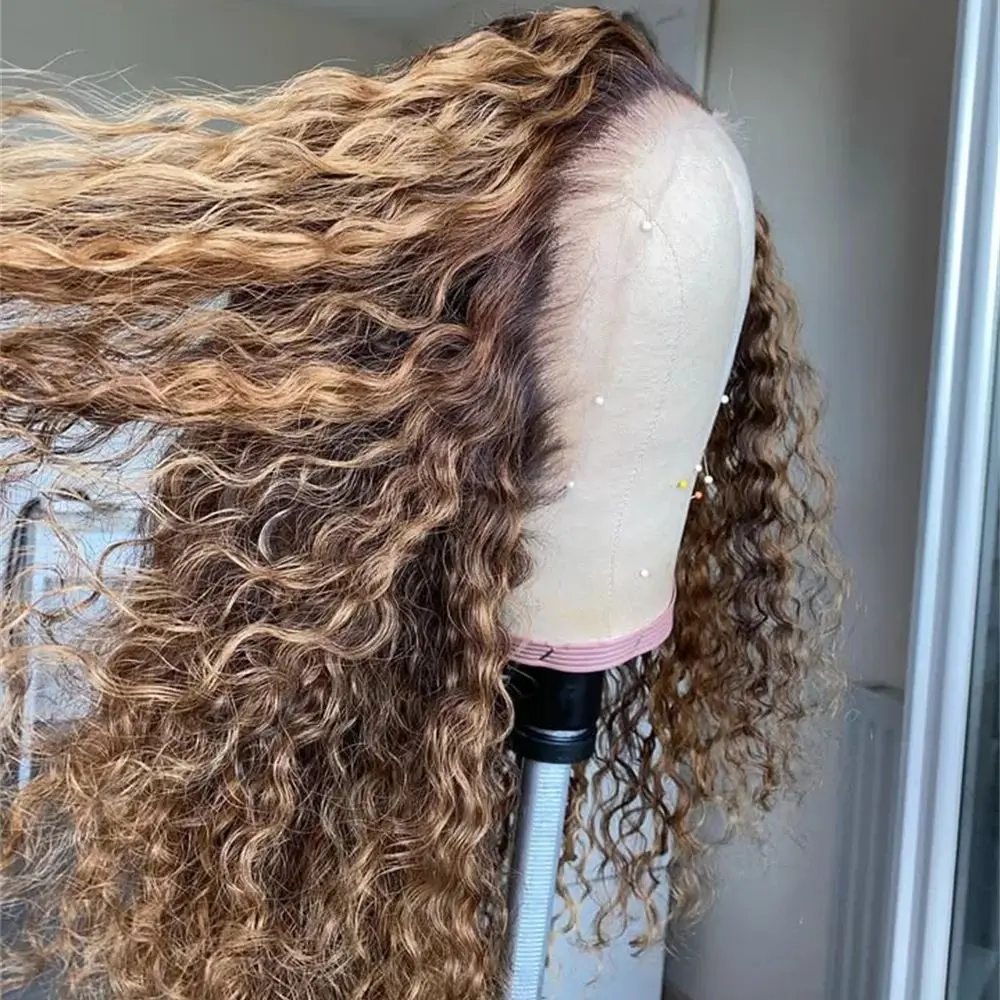 

18Inch Highlight Brown Preplucked Kinky Curly Wig Soft Curls Lace Frontal Wig with Baby Hair for Women Daily Party Use Free Part