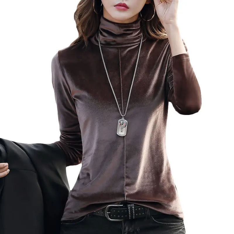 Thickened Autumn and Winter Lining with Velvet High Collar Slim Fit Long Sleeved T-Shirt for Women New Base Shirt Fashion Top