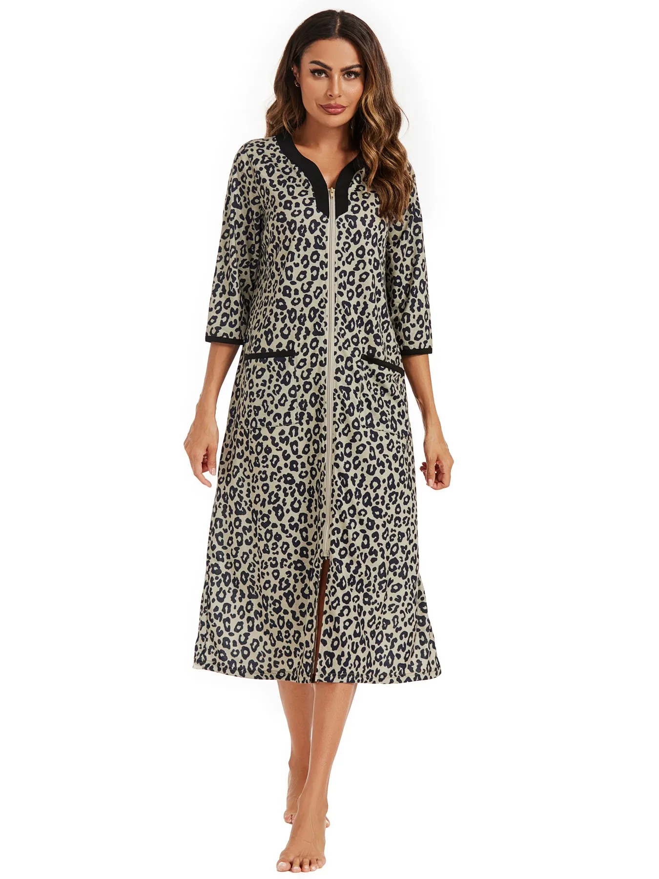 Aamikast Women's Print Zipper Robes Long Sleepwear Soft Nightgown Loungewear Maternity Wear Nursing clothes Woman Bathrobe - Image 6