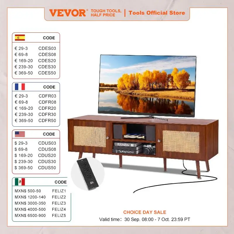 

VEVOR Rattan TV Stand Mid Century Modern TV Stand with Build-in Socket USB Ports Adjustable Shelfs for Living Room Media Room