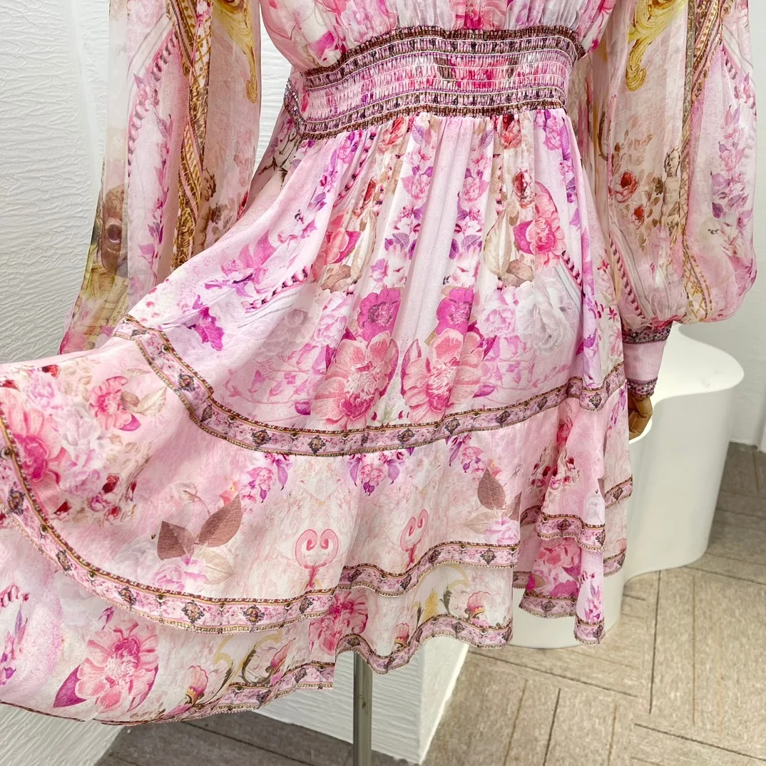 2024 Spring Pink Floral Print Diamonds Mini Dress