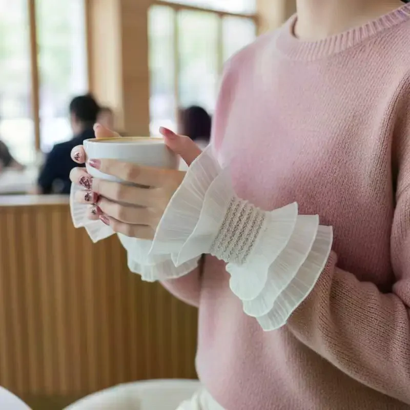 

Female Sweater Fake Sleeves Hollow Out Crochet Floral Lace Horn Cuffs Embroidery Flounces Ruffles Elastic Wrist Warmers