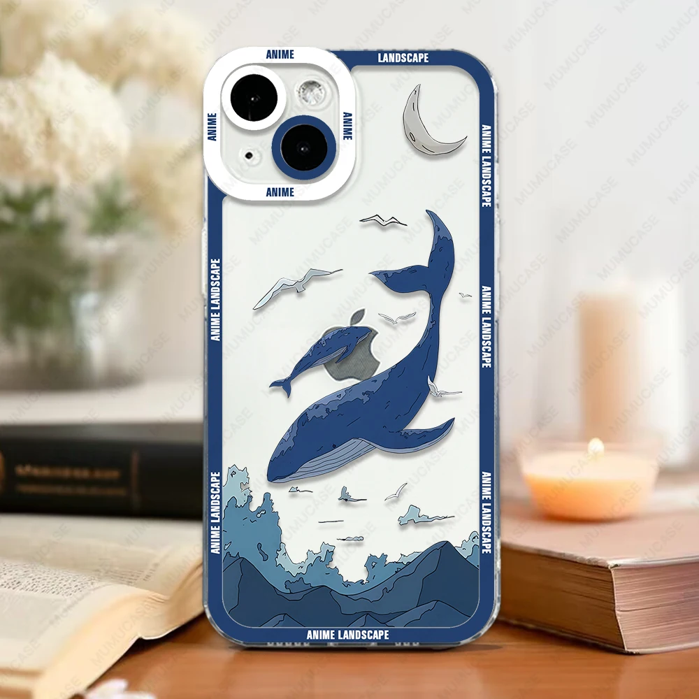 Case For iPhone 16 15 14 13 Pro Max 12 Mini 11 XS X XR SE 7 8 Plus Soft Cover Anime Landscape Cloud Whale