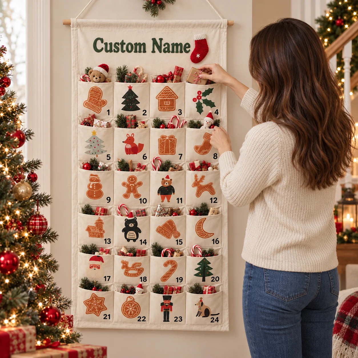Custom Advent Calendar Christmas 24 Pocket Canvas Personalized Name Countdown Hanging Decor For Kids Home Holiday Christmas Gift