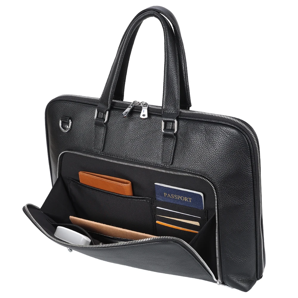 Full Grain Leather Cow Hide 15.6 Inches Case Messenger Business Bag Real Black Pebble Leather Computer Laptop Briefcases