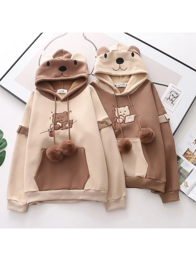 Korean Kawaii Hoodies Women Harajuku Bear Anime Cotton Fleece Hoodie Coat Long Sleeve Oversized  Kpop Y2K Girls Winter Clothes