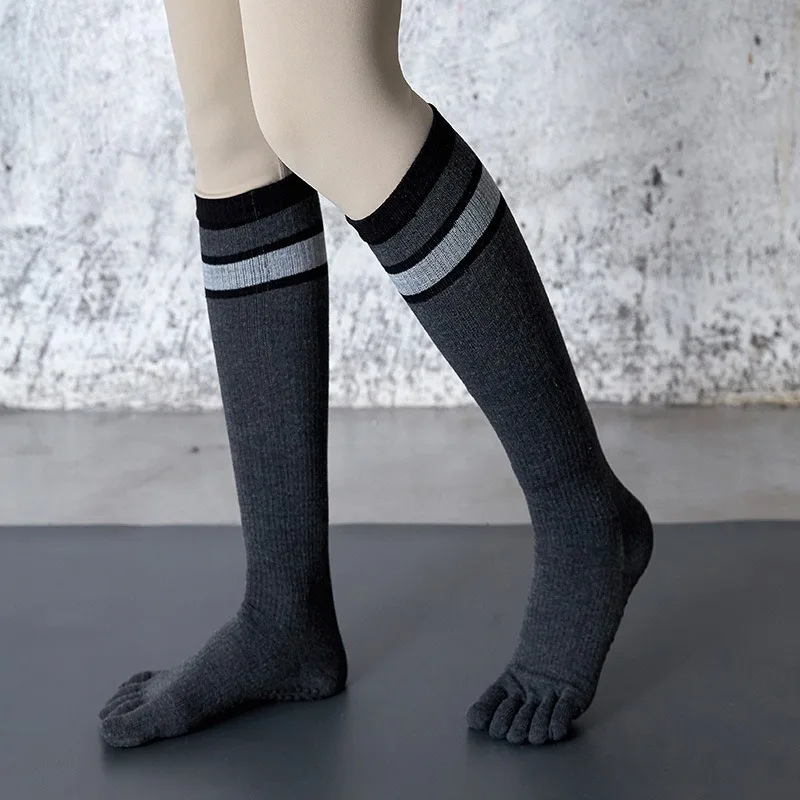 

Women Long Yoga Socks Cotton Five Toe Stripe Winter Compression Dance Non Slip Grip Fitness Socks