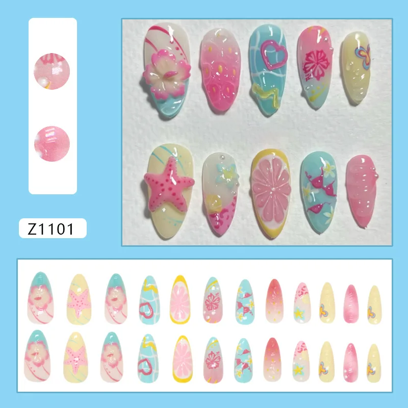 

24pcs Press on Nails 3D Fruit Party Graffiti Heart Checkered Flower Pattern Fake Nail for Women&Girl Removable Wearable Nail