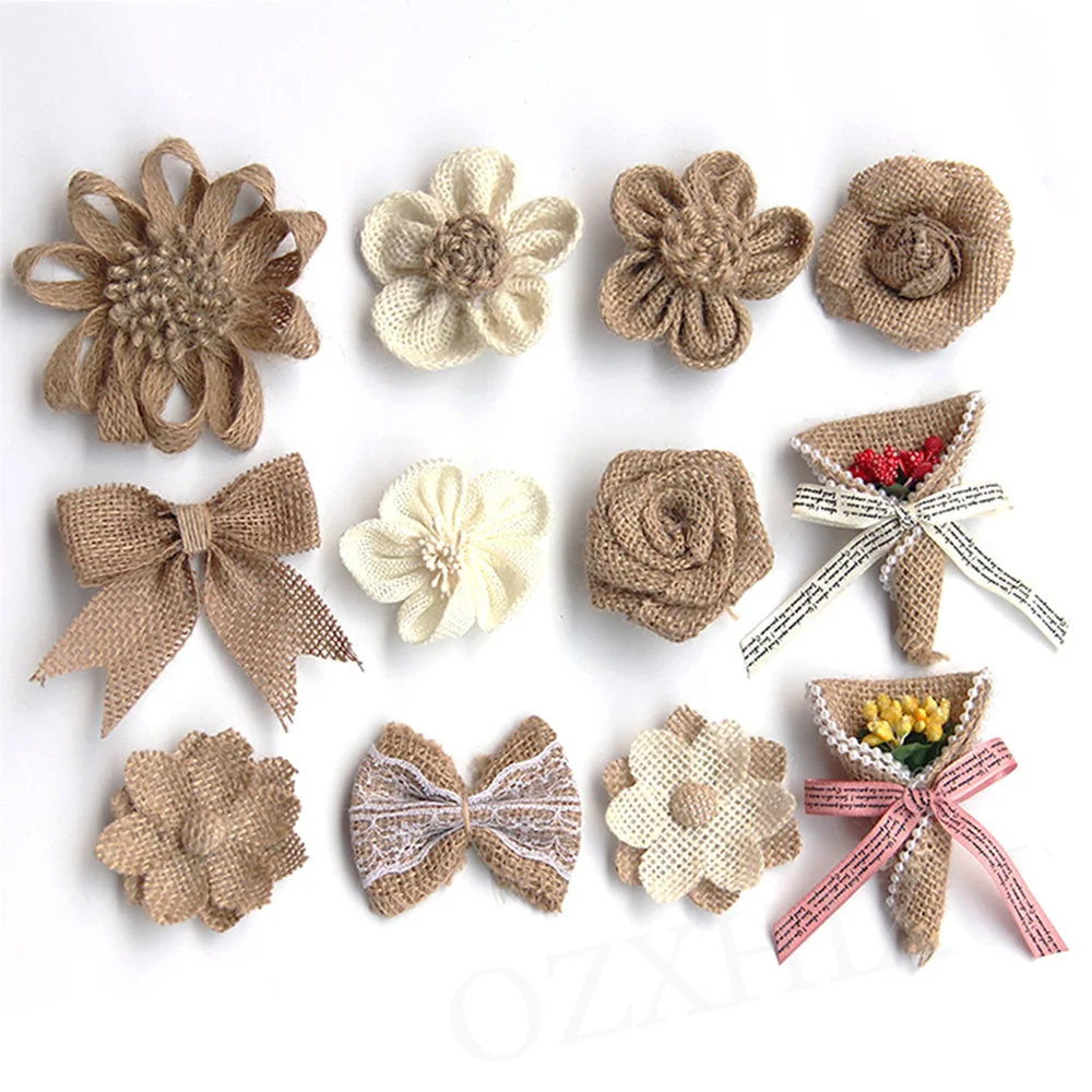 5pcs Handmade Jute Burlap Flowers Rose Hessian Ribbon Bow Vintage Rustic Wedding Decoration Table Christmas Party DIY Supplies