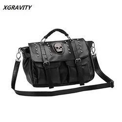 Hot Black Color Unique Design Fashion Casual OL Office Bag All-match Big Women's Cool Handbag Fashion Punk Skull Rivet Bags H080