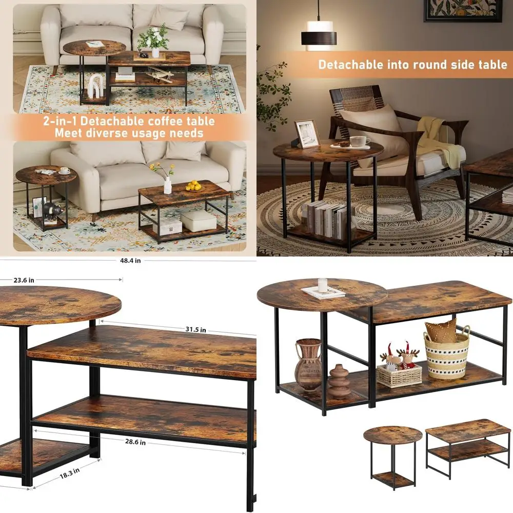 Rustic Nesting Coffee Table Set, Mid-Century Modern Design, 2-in-1 Detachable for Living Room, Farmhouse Style, Brown