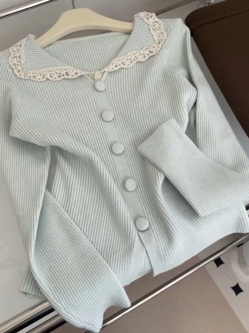 

Korean Sle Soft Lace Knitted Open Cardigan Women's Sweet Doll Collar Single Button Sweater Top for Autumn Commute