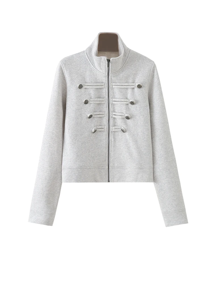 Chaquetas de Mujer en Gris Jaspeado con Cuello Alto, Cierre Frontal con Botones Decorativos, Manga Larga, Estilo Casual, Tejido de Punto, Chaquetas Cortas