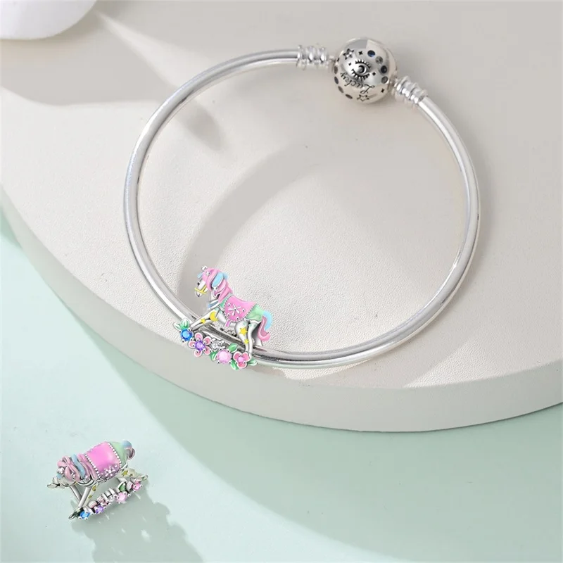 Original Charms Beads 925 Sterling Silver Rainbow Swing Carousel Trojan Horse Pendant For Woman Jewelry For Bracelet Accessories
