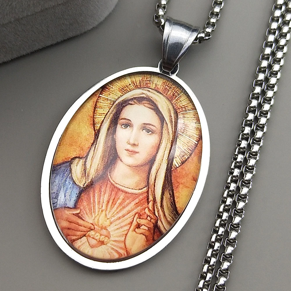 القلب المقدس مريم العذراء الزجاج البيضاوي ميدالية قلادة قلادة للنساء الرجال الفولاذ المقاوم للصدأ الفضة اللون الكاثوليكية تميمة المجوهرات #3