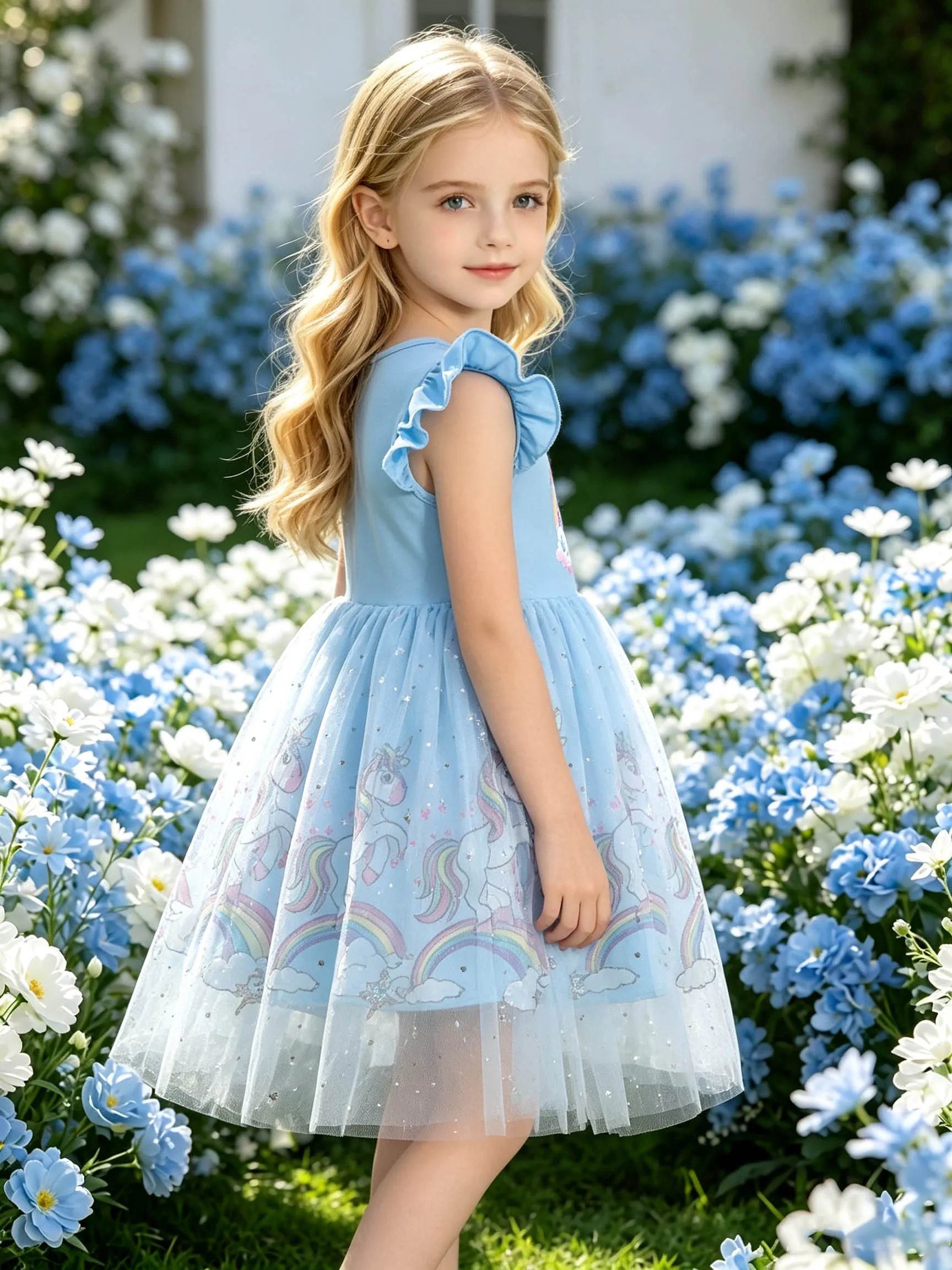Little Girls' Light Blue Dress with Rainbow Clouds, Unicorn Prints and Ruffled Flutter Sleeves