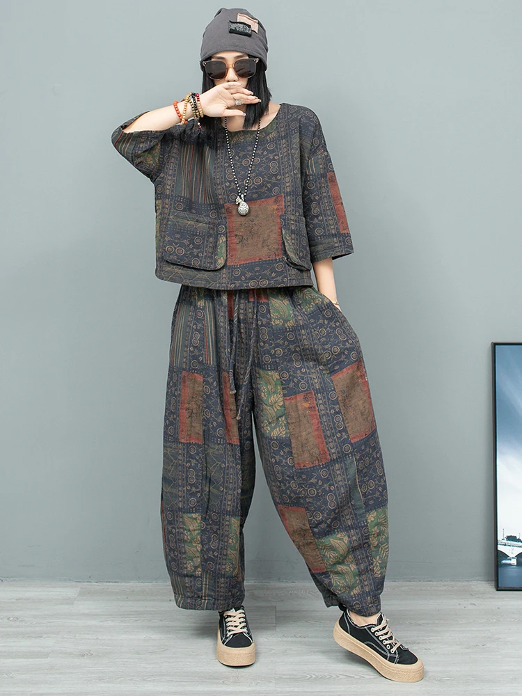 Cotton Linen Printed Pant Set 2024 Autumn Large Pocket Top + Pumpkin Pants Two-piece Set Women Outfit ZF218