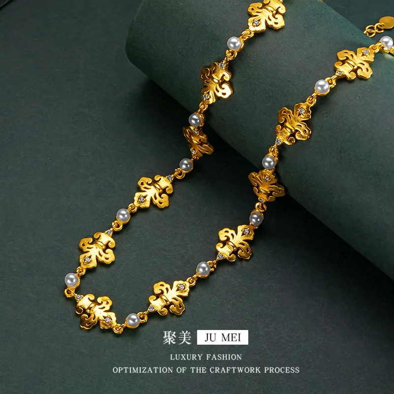 Light luxury 24K real gold Moissanite point diamond pearl necklace au9999 gold court style versatile high-end accessories