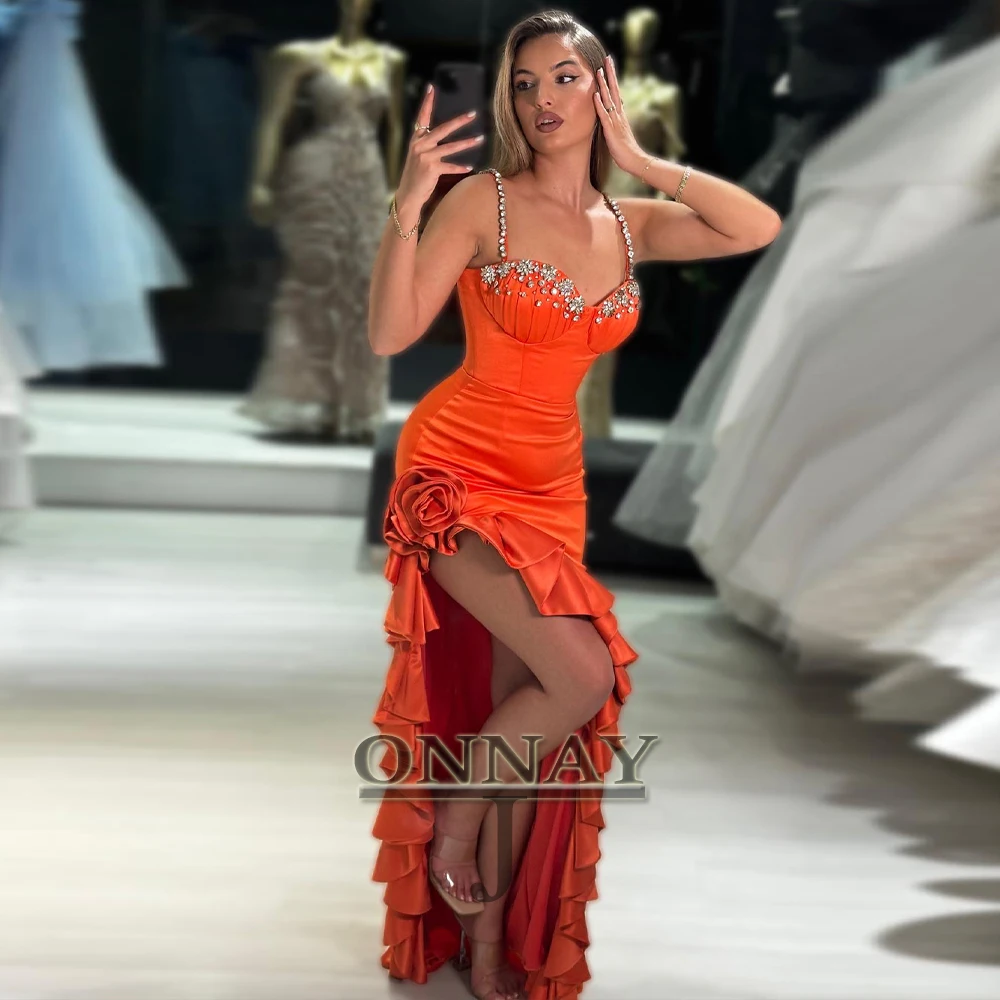 

Customized Classic Spaghetti Strapless Prom Dresses Rhinestones Ruffles with Slit Flowers Saudi Arabric Vestidos De Fiesta