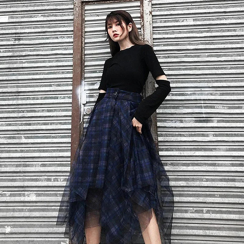 TWOTWINSTYLE Plaid Patchwork Mesh Women's Skirts High Waist Hit Color Elegant A Line Skirts Female 2020 Spring Fashion New