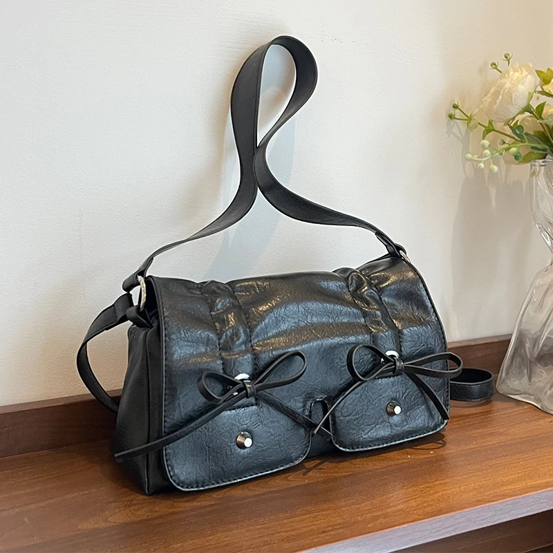

Korean Style Pleated Drawstring Bow Single Shoulder Bag 2025 New Sweet Lady Handbag Clutch Bag Versatile Pu Leather Crossbody Ba