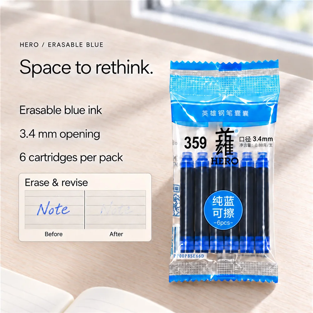 6PCS HERO Fountain Pen Ink Cartridge Universal 2.6mm 3.4mm Non-carbon Ink Sac Refill, Black or Blue Optional - view 3